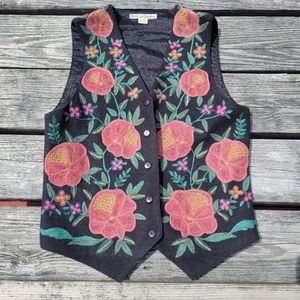 Smith & Hawken Vintage crewel embroidery Vest Sz S Flowers Floral